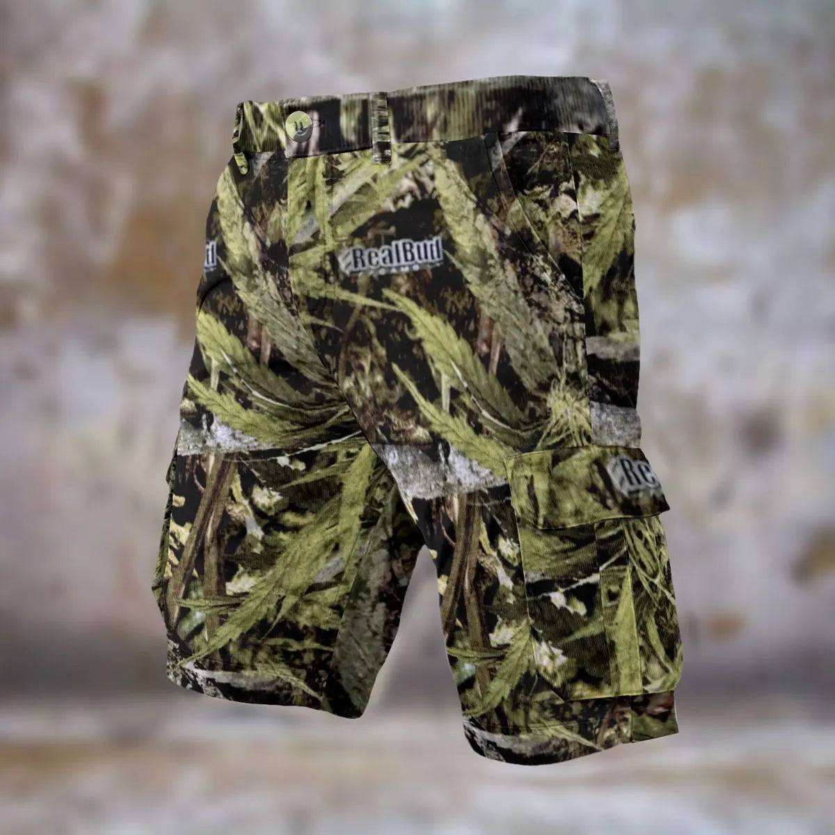 RealBud Camo Men's Cargo Shorts with Cannabis Print - Stylish & Functional Denim-Like Fabric Yoycol